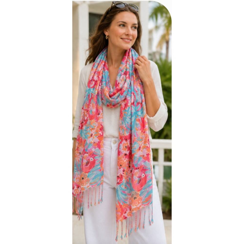 Lilly Pulitzer Silk Cashmere Tropical Flamingo Fringe Scarf Wrap - Picture 2 of 13